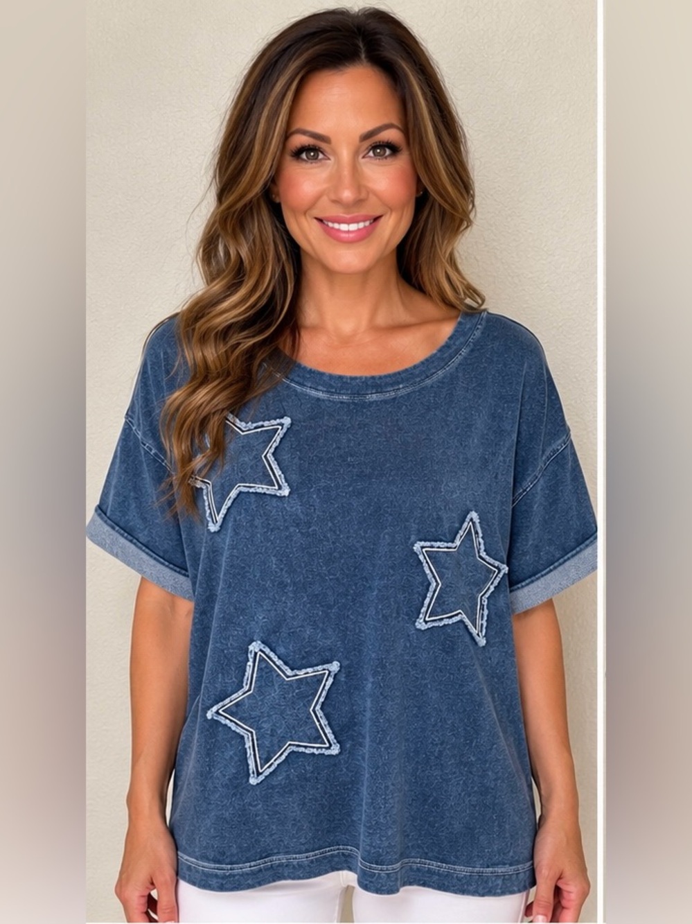 Jane + Delancey Star Applique Blue Short Sleeve Top - Size L - Like New